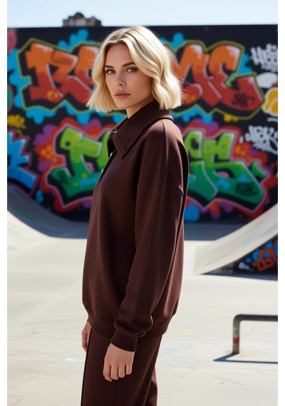 Benerly Kadın Polo Yaka Düşük Kol Örme Sweatshirt Fonksiyonel Dayanıklı K Kahverengi