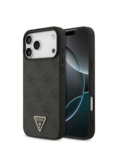 Apple iPhone Uyumlu 18 Pro Max Kılıf Guess Lisanslı Pu Deri Taşlı Üçgen Logo 4g Desenli Strass Kapak Siyah