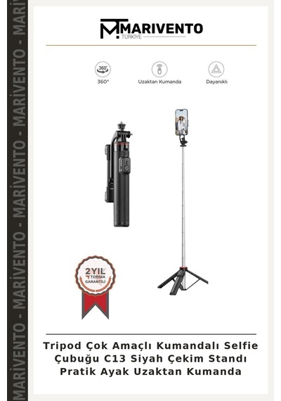 Tripod Çok Amaçlı Kumandalı Selfie Çubuğu C13 Siyah Çekim Standı Pratik Ayak Uzaktan Kumanda