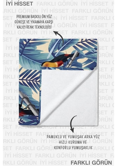 Tropikal Kuş Yapraklı Plaj Havlusu - Marine Egzotik Mavi Turuncu Hızlı Kuruyan Mikrofiber Havlu Köpük Melon