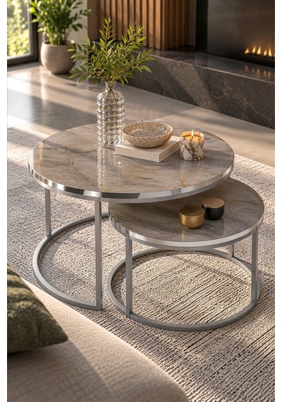 Sulorahome Gümüş Metal Ayaklı Mermer Desenli 2'li Yuvarlak Orta Sehpa Seti Antrasit - Safirmeşe Sulorahome Gümüş Metal Ayaklı Mermer Desenli 2'li Yuvarlak Orta Sehpa Seti Antrasit - Safirmeşe