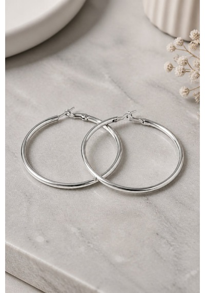 Gümüş Renk 56 Mm Çelik Düz Klasik Halka Küpe - Minimalist Klipsli Halka Küpe