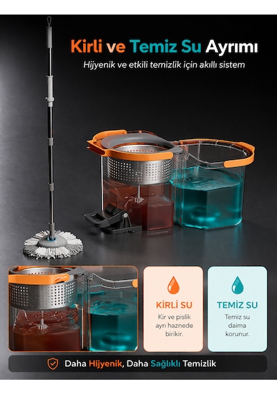 Pedallı Otomatik Mop Temizlik Seti 360 Döner Başlıklı 2 Adet Mikrofiber Bez