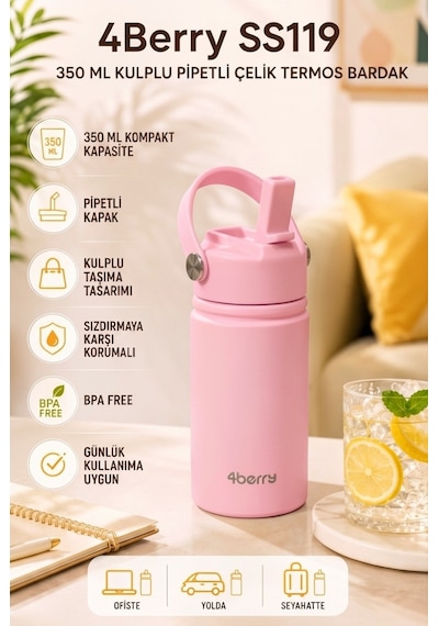 350 Ml Kulplu Pipetli Çelik Termos Bardak Bpa Free, Taşınabilir Mini Termos, Pembe Renk