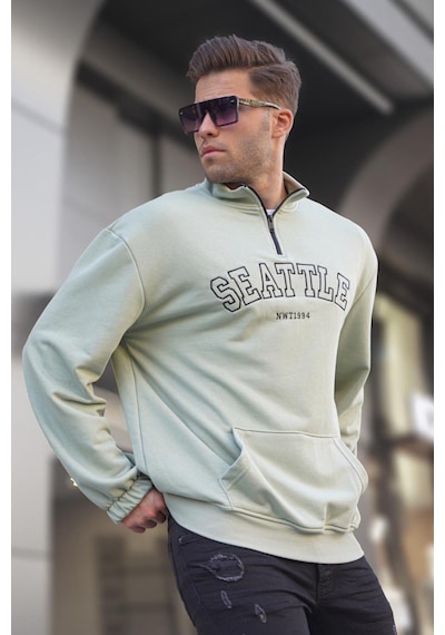 Madmext Mint Yeşili Fermuar Yakalı Nakışlı Sweatshirt 6026 Mint Yeşili
