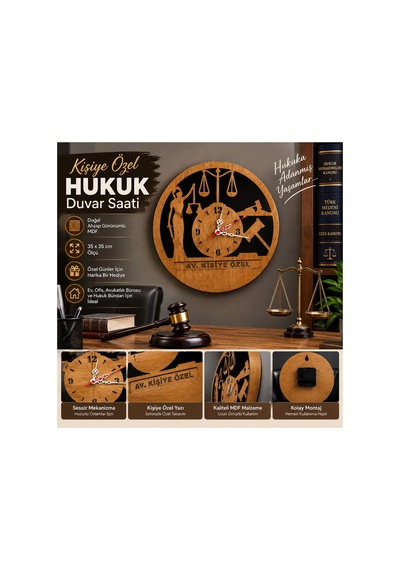 Kişiye Özel Avukat Duvar Saati 35x35 Cm Hukuk Temalı Ahşap Görünümlü Adalet Terazisi Tokmak Figürlü Dekoratif Saat