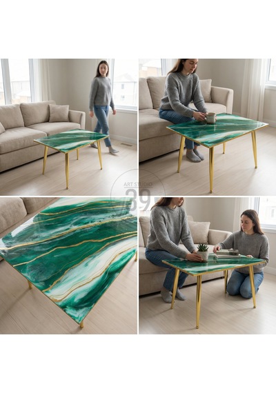 Emerald Regalıa Lüks Geode Epoksi Orta Sehpa 50x70 Cm Altın Detaylı Contemporary Tasarım, Modern Lüks Ev Dekoru Yeşil