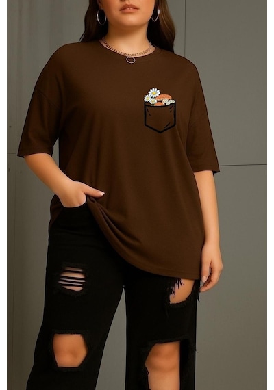 Büyük Beden Cep Çiçek Baskılı Unisex Tişört Kahverengi
