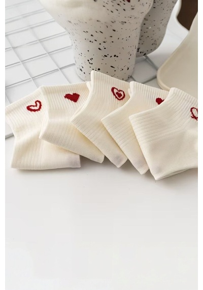 Hitit Socks Kadın 5 Çift Kalp Desenli Kısa Patik Çorap Ekru beyaz
