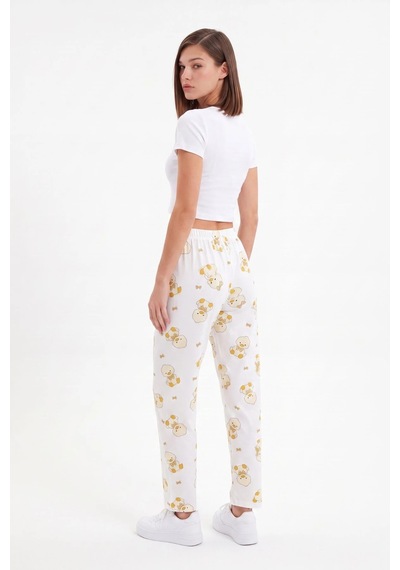 Cemo Sarı Kedi Ve Fiyonk Baskılı Beli Lastikli Bağcıklı Pijama Altı Ekru
