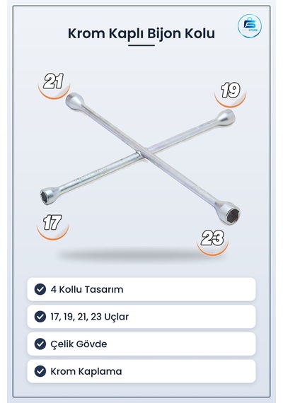 Krom Kaplı 4 Kollu Bijon Kolu Çelik Oto Lastik Tekerlek Anahtarı