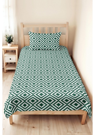Yeşil Geometrik Genç Odası Tek Kişilik Pike Takımı - Modern Beyaz 160x220 Cm Kapitone Yatak Örtüsü Kavrulmuş Eşik Sarmalı