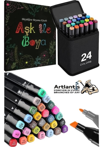 24 Adet Çift Taraflı Marker Kalem Çantalı 1 Paket 24 Renk Touch Markör Aşk İle Boya Mandala Büyüklere Boyama Kitabı Çok Renkli