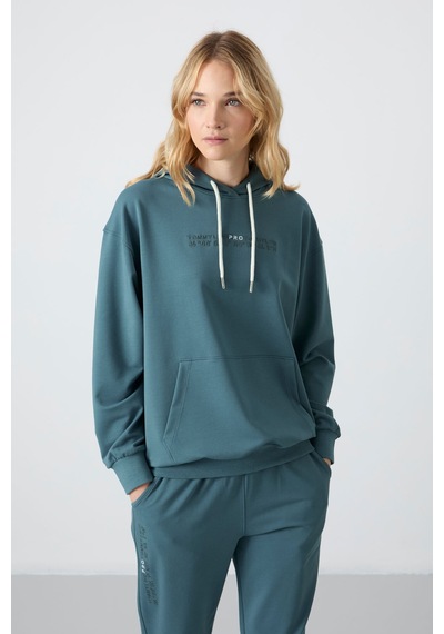Tommy Life Orman Yeşili Kapüşonlu Kanguru Cep Oversize Lastik Paça Kadın Eşofman Takımı - 95288 Yeşil