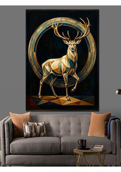 Altın Çerçeve İçinde Mitolojik Geyik Dekoratif Kanvas - Mdf Ahşap Tablo