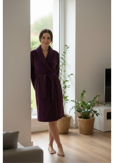 Mislina Home Lumor Şal Yaka Wellsoft Peluş Yumuşak Sabahlık Mor Mor