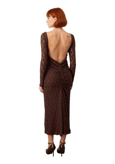 Ersefa Kadın Kayık Yaka Bodycon Kesim Uzun Kollu Astarlı Dantel Detay Ma Koyu Kahverengi