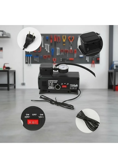 Bay 250 Psı Oto Hava Kompresörü - 220v Ve 12v Uyumlu Yol Yardım Lastik Şişirme Pompası Najmaddin Standart