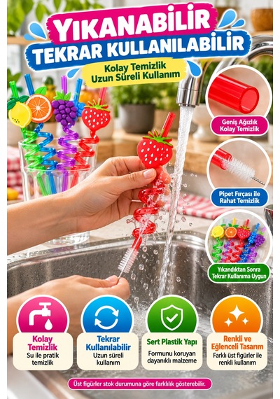 4'lü Renkli Spiral Pipet 26 Cm Sert Plastik Yıkanabilir Tekrar Kullanılabilir Parti İçecek Pipeti Xl