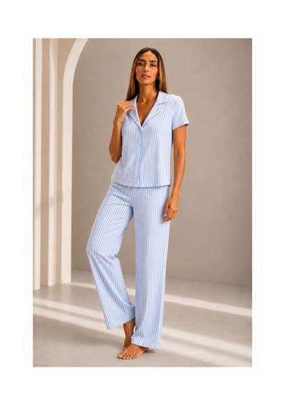 Fit Women Kadın Kısa Kol Rahat Kalıp Şık Mavi Pijama Takımı