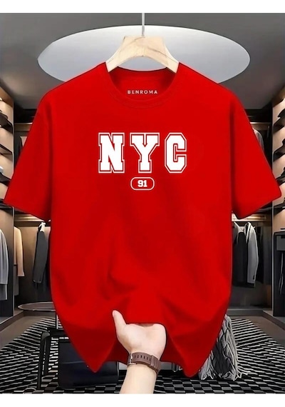Nyc Baskılı Oversize Tişört Kirmizi