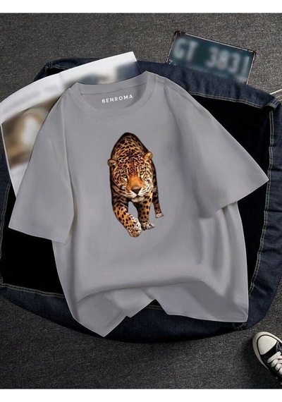 Kaplan Baskılı Oversize Unisex Tişört Çok Renkli