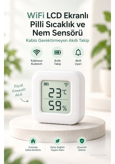 Wifi Lcd Ekranlı Pilli Sıcaklık Ve Nem Sensörü Fonri, Tuya, Smart Life, Google Assistant, Amazon Al