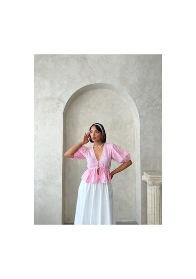 Verymoda Önden Bağlamalı Nakışlı Vual Bluz D2820 Pembe