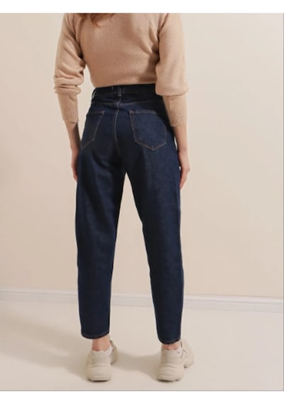 Likralı Denim Kumaş Kar Lacivert Mom Jeans Lacivert