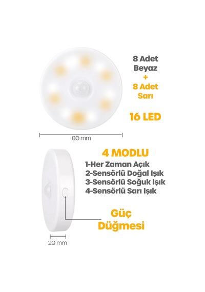 16led 3mod Hareket Sensörlü Şarjlı Led Işık Mıknatıslı Kablosuz Gece Lambası Koridor Işığı 47732 Sarı