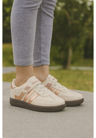 Günlük Unisex Çocuk Sneaker Bağcıklı Hafif Kaymaz Taban Ayakkabı Bej