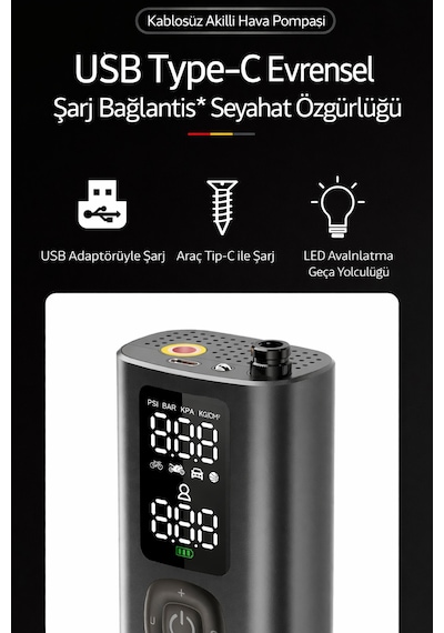 Harvox Hx-ti002 8.000 Mah Hava Kompresörü Şarjlı Digital Göstergeli Araç Lastik Şişirme 150 Psı