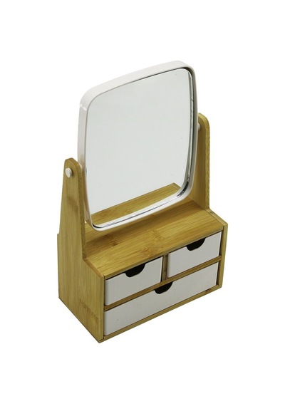 3 Çekmeceli Bambu Ahşap Standlı 9x9.5x18x21.5cm Makyaj Aynası 15x18cm Takılık 2+1 Organizer 5705 Çok Renkli
