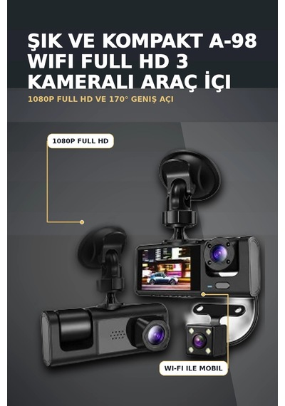 1080p Full Hd 3 Kameralı Wi-fi Araç İçi Yol Kayıt Kamerası Seti 170 Derece Park Modlu