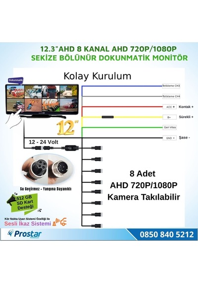 12.3 İnç 8 Kanal Full Hd Ahd Geniş Ekran Dokunmatik Kayıtlı Araç Monitörü 12-24v