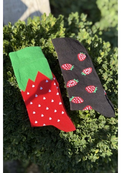 Lousocks Unisex Sağlı Sollu Çilek Desenli Soket Çorap Kırmızı