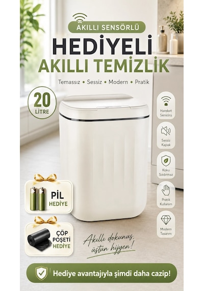 Sensörlü Çöp Kovası 20 Litre Antibakteriyel Uv Işık Çöp Torbası Sabitleyici Aparat 4 Pil Hediyeli Beyaz