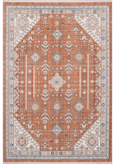 Bohem Tarz Madalyon Desenli Kiremit Rengi Vintage Makine Halısı - Oturma Odası Halısı Turuncu