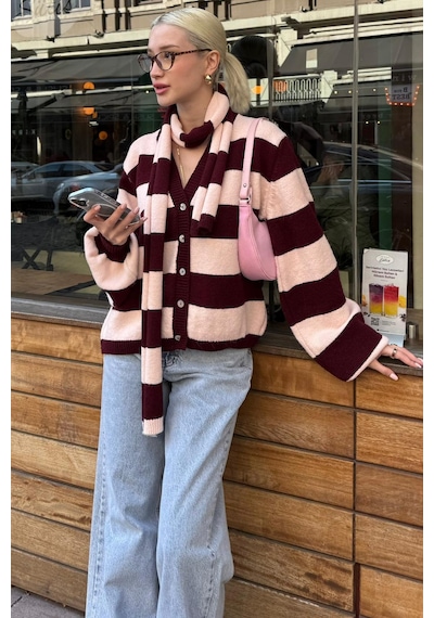 Madmext Bordo Çizigli Atkılı Kadın Triko Hırka Mg2588 Bordo