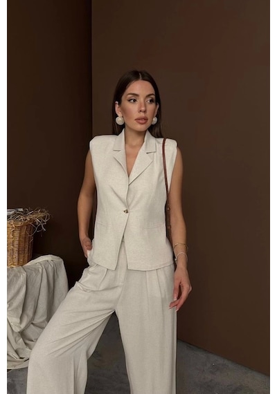 Defymoda Bej Keten Yelek Pantolon Takım Bej