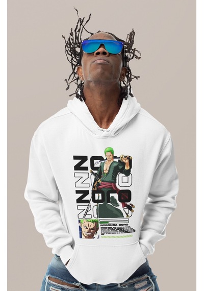 Sevbano Roronoa Zoro Baskılı Unisex Oversize One Piece Anime Karakter Hoo beyaz