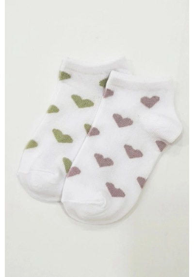 Cocole Socks Kız Bebek Patik Çorabı 2 Li Set Pamuklu Beyaz Zemin Üzeri Yeşil & Mürdüm Kalp Desenli Çok Renkli
