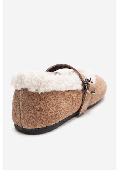 Luvishoes Guın Toprak Süet Hakiki Deri Peluş Detaylı Kemerli Kadın Babet Ayakkabı Toprak