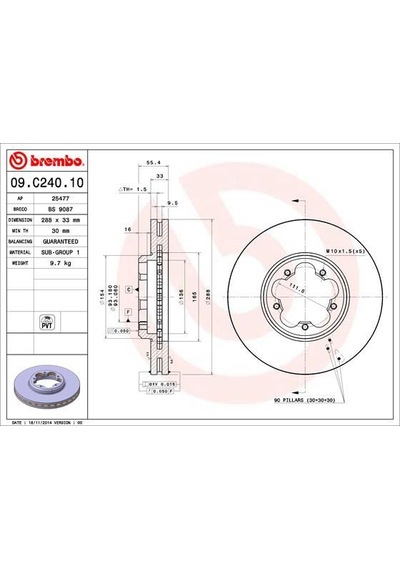 Brembo 09c24010 Ön Fren Diski Transıt Custom V362-v363 12 Arka Tek Teker Cap 288 33 Bk211125b1d-bk211125bd-2110010 -