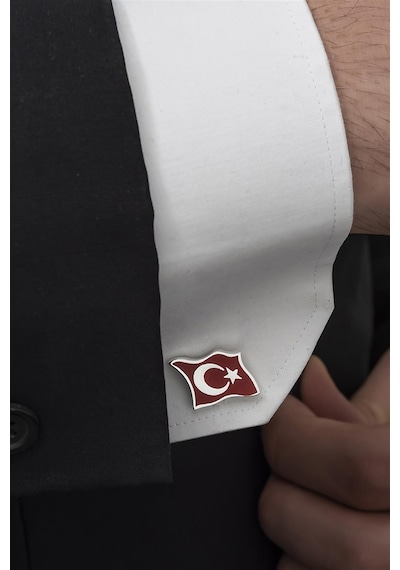 Yüzük Sanatı Ayyıldız Türk Bayrağı Mineli Gümüş Kol Düğmesi