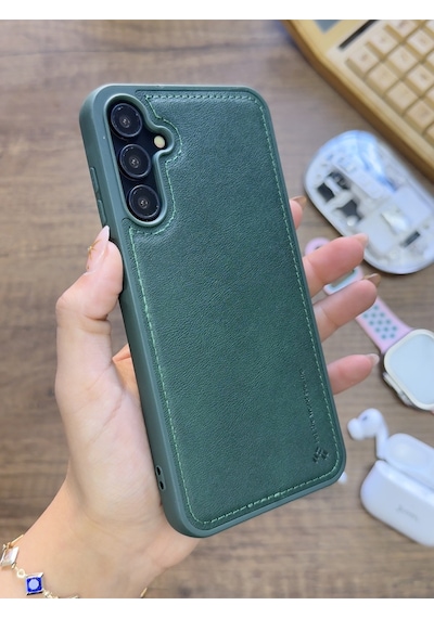 Samsung Galaxy A25 Uyumlu Premium Deri Dokulu Darbelere Karşı Dayanıklı Nazal Silikon Kılıf Haki