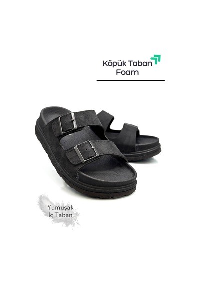Sermoda Çift Toka Ayarlanabilir Genişlik Köpük Taban Rahat Deri Erkek Terlik Siyah