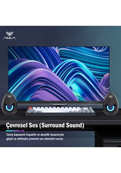 Aula N-69 2 3w Rgb Led Işıklı Masaüstü Oyuncu Laptop Pc Bilgisayar Hoparlörü