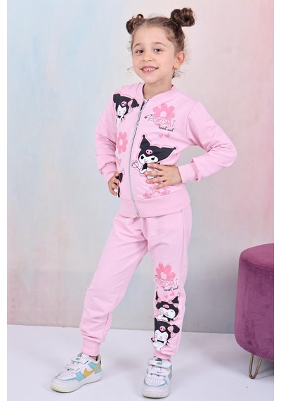 Karakter Baskılı Penye Ceketli - Penye Sweatshirt - Penye Pantolonlu Kız Çocuk 3lü Takım Pembe