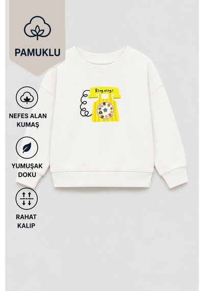 Monila Unisex Çocuk Telefon Baskılı 3 İplik Kumaş Pamuklu Sweatshirt Ekru
